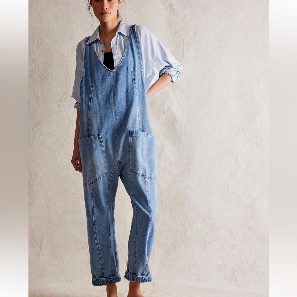 SET OF 2 Free People We The Free Denim Black Overalls SZ L